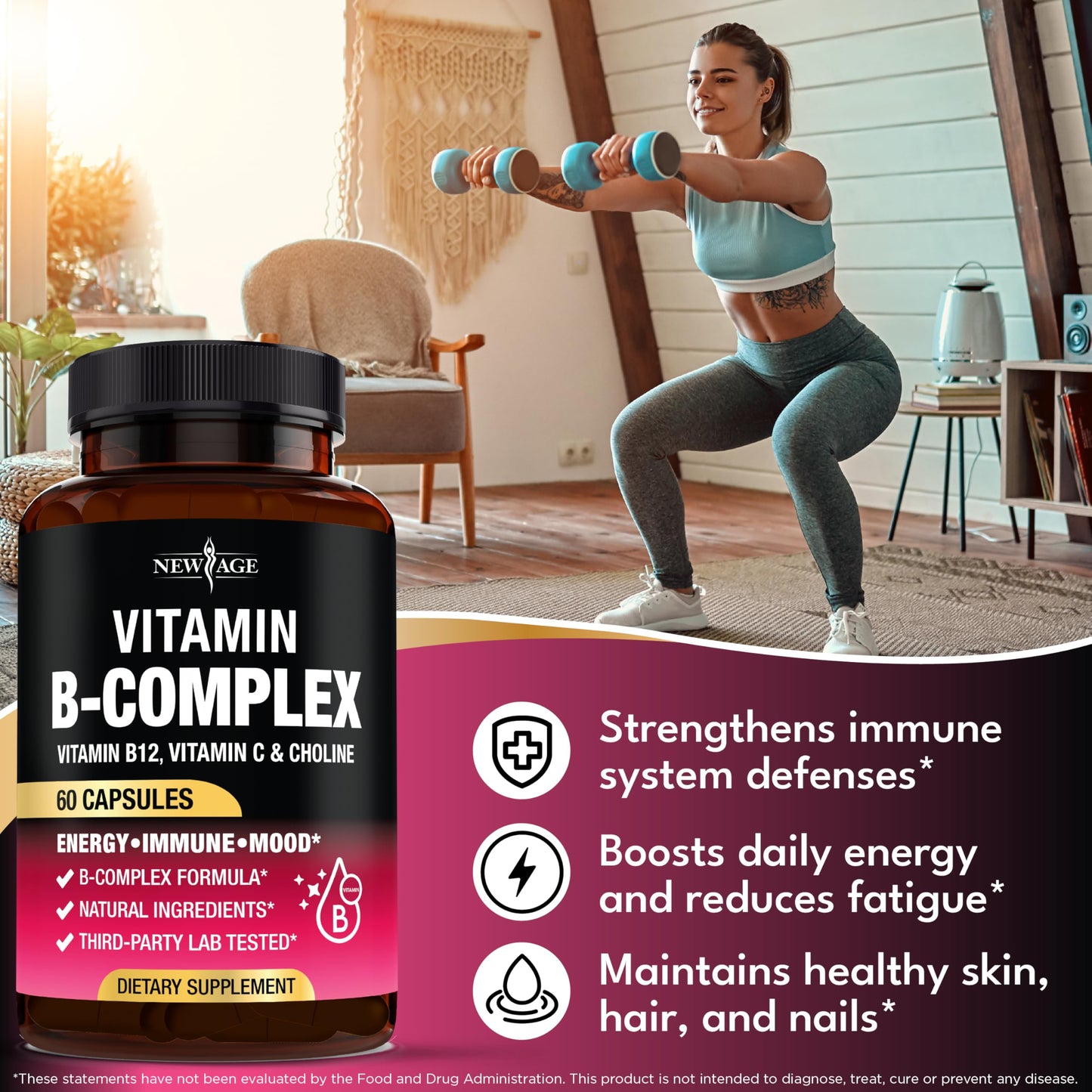 Vitamin B Complex for Men & Women – Made in USA | B-Complex with B1–B12, Vitamin C, Choline & Inositol – 60 Vegan Capsules