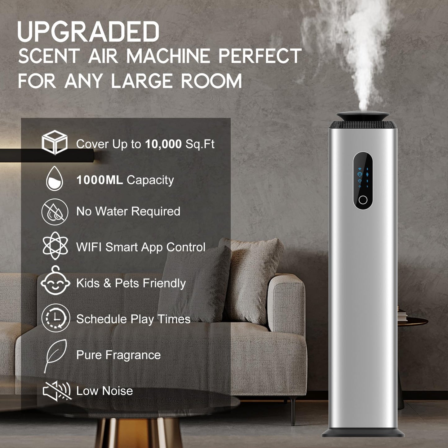 1000ML Tower Hotel Scent Diffuser with WiFi App Control – Large Space Diffuser for 10,000 Sq Ft | Silver