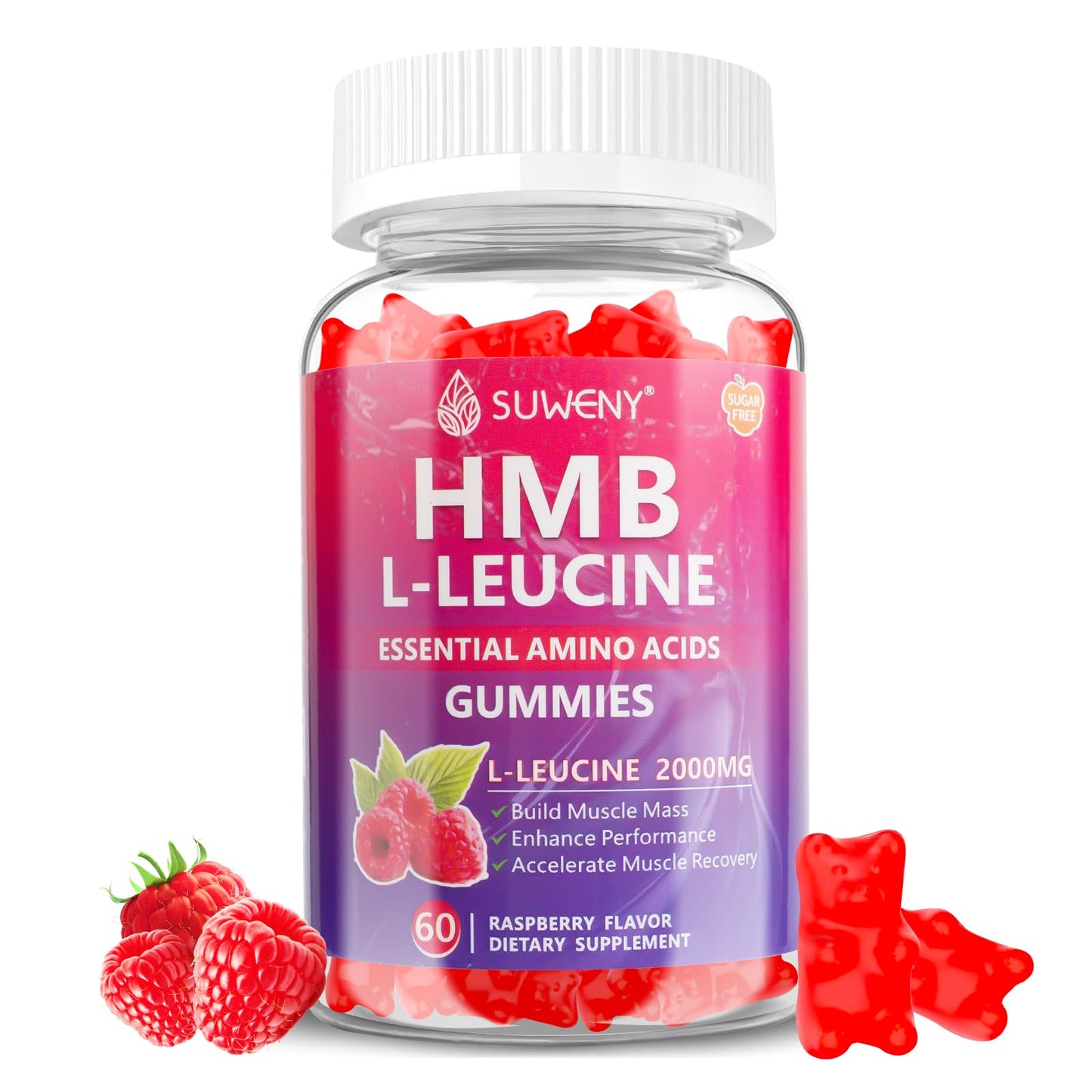 SUWENY HMB and L-Leucine Gummies 3000mg for Muscle Growth, Muscle Mass, Muscle Relief, and Fast Workout Recovery, for Men & Women,Sugar-Free,Raspberry Flavor,60 Count (1)