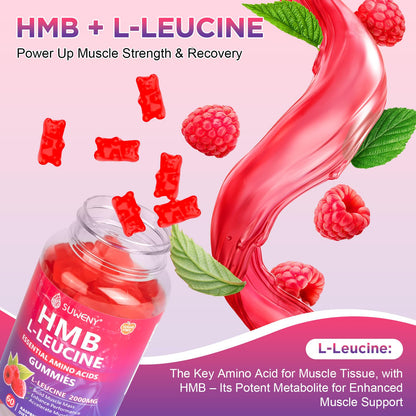 SUWENY HMB and L-Leucine Gummies 3000mg for Muscle Growth, Muscle Mass, Muscle Relief, and Fast Workout Recovery, for Men & Women,Sugar-Free,Raspberry Flavor,60 Count (1)