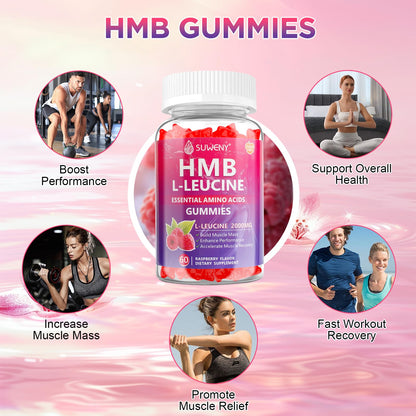 SUWENY HMB and L-Leucine Gummies 3000mg for Muscle Growth, Muscle Mass, Muscle Relief, and Fast Workout Recovery, for Men & Women,Sugar-Free,Raspberry Flavor,60 Count (1)