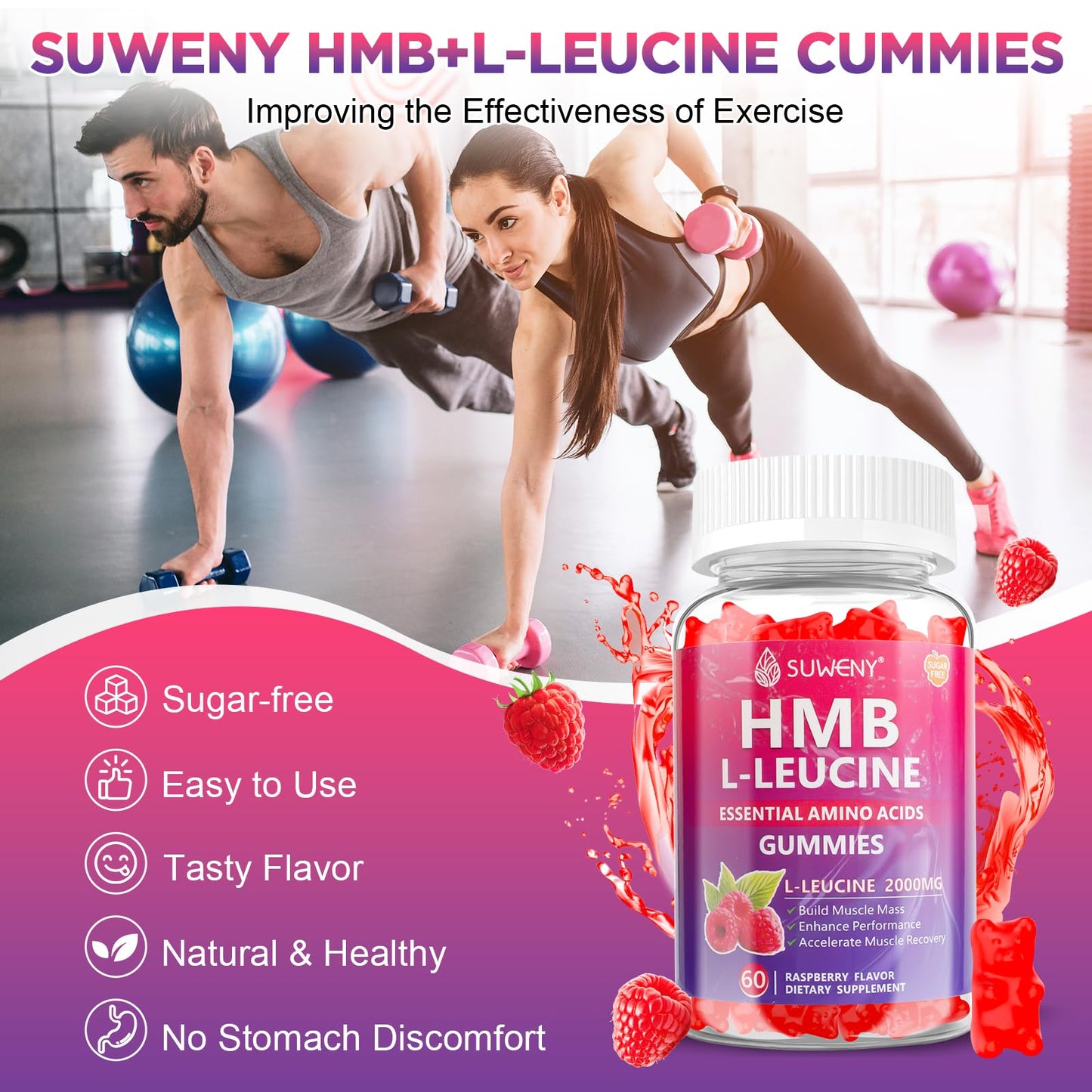SUWENY HMB and L-Leucine Gummies 3000mg for Muscle Growth, Muscle Mass, Muscle Relief, and Fast Workout Recovery, for Men & Women,Sugar-Free,Raspberry Flavor,60 Count (1)