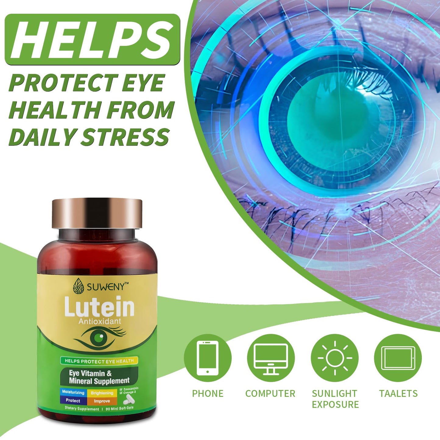 SUWENY Lutein Eye Vitamins - 90 Capsules | Blue Light & Macular Support