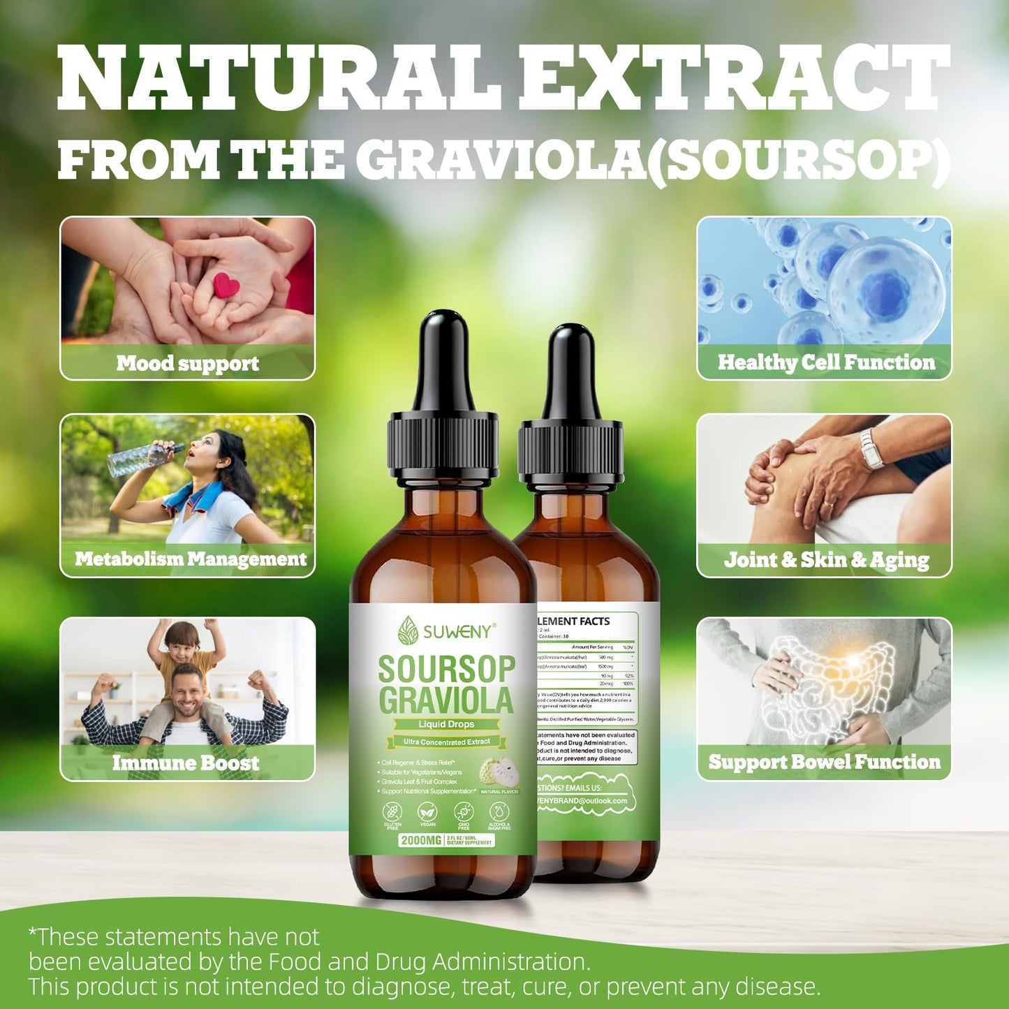 SUWENY Organic Soursop Graviola Drops 2000mg | Immune Support & Antioxidants