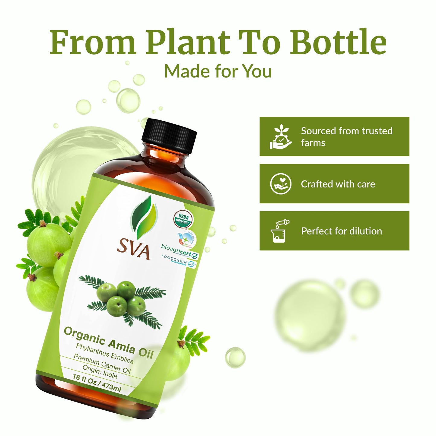 SVA Amla Oil Organic - 16 oz Cold-Pressed Amla Carrier Oil for Hair, Skin & Body