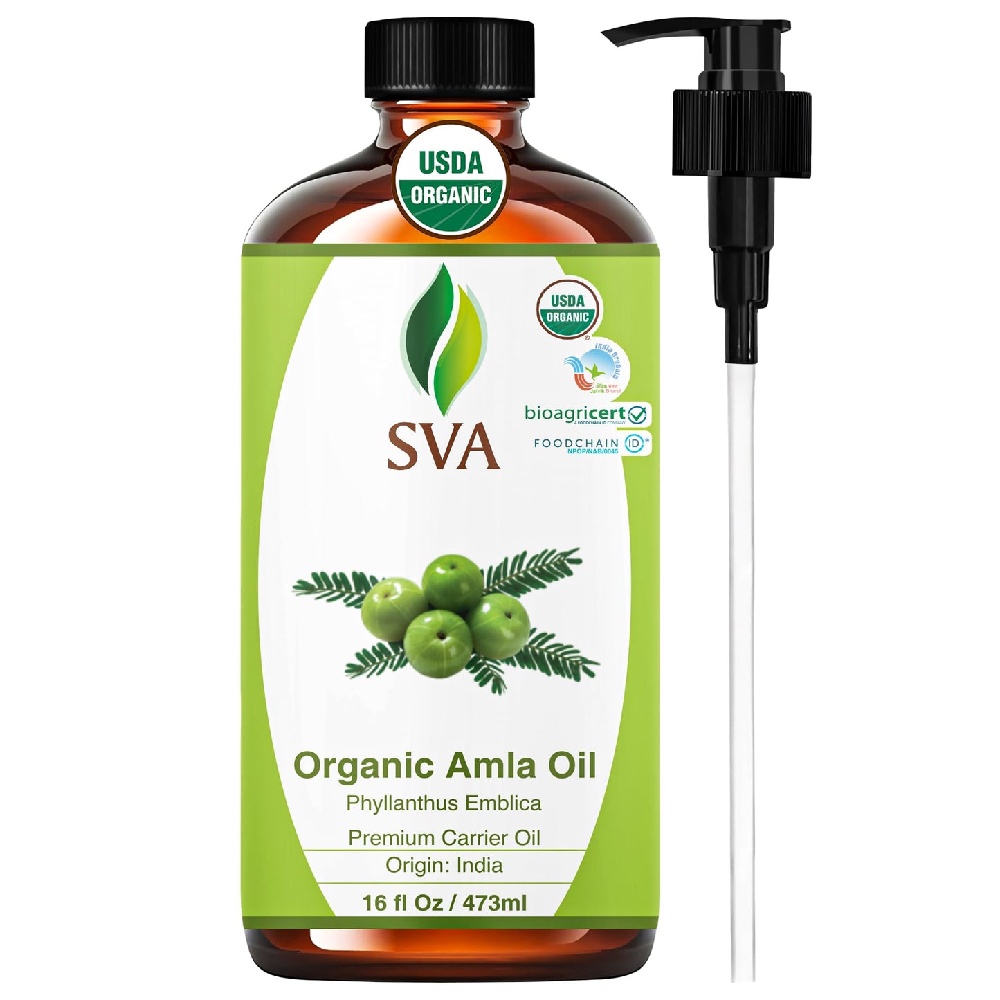 SVA Amla Oil Organic - 16 oz Cold-Pressed Amla Carrier Oil for Hair, Skin & Body