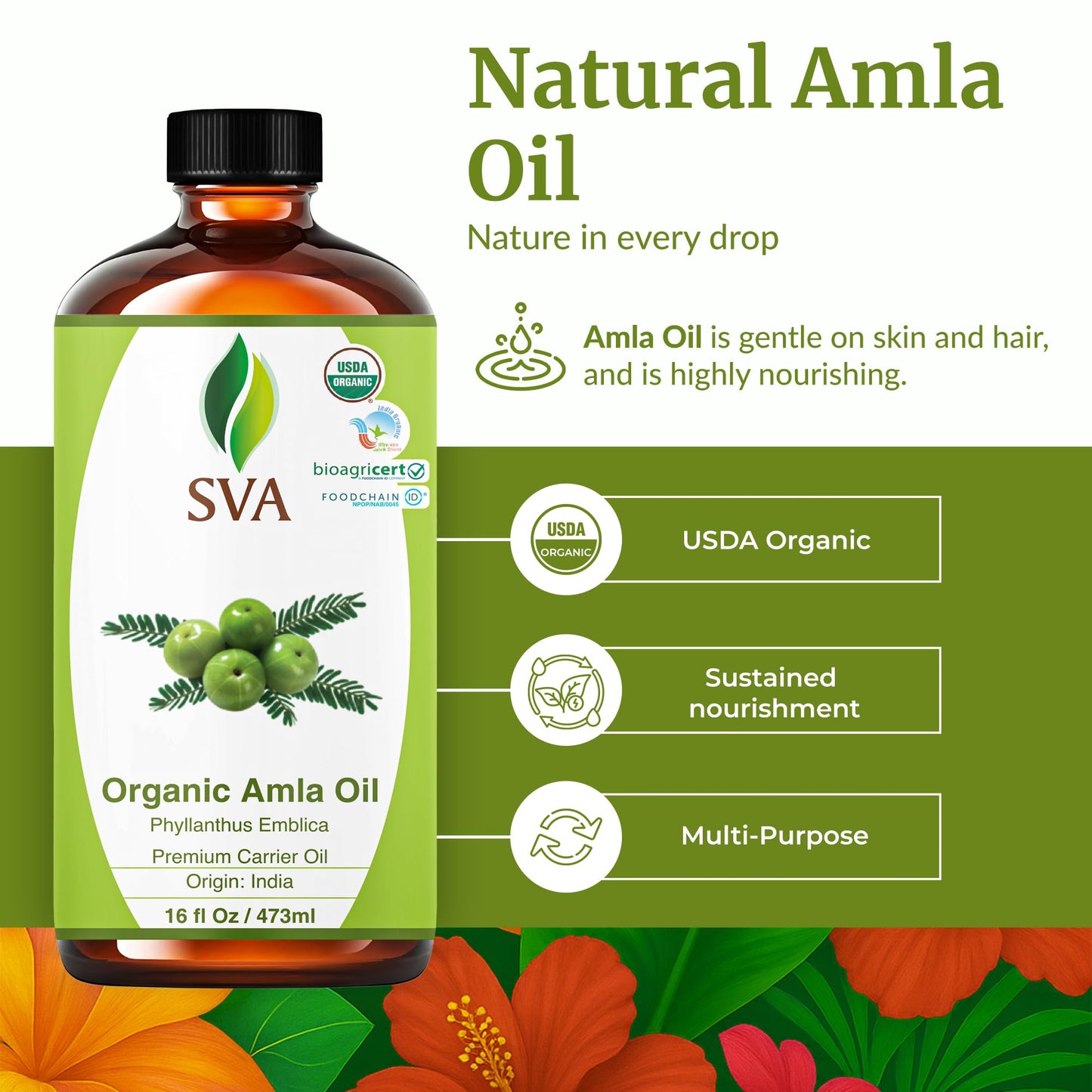SVA Amla Oil Organic - 16 oz Cold-Pressed Amla Carrier Oil for Hair, Skin & Body