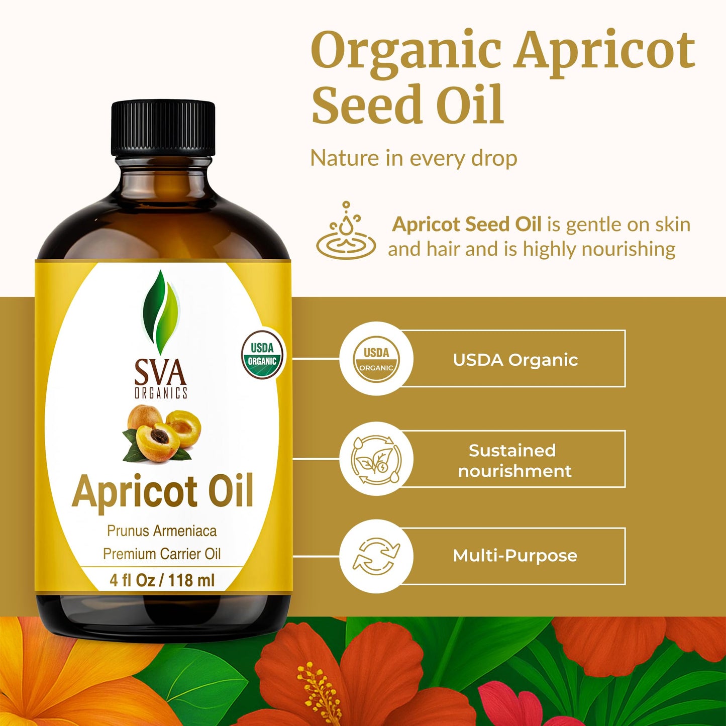 SVA Apricot Seed Oil Organic – 4 oz Cold-Pressed Carrier Oil for Face & Hair