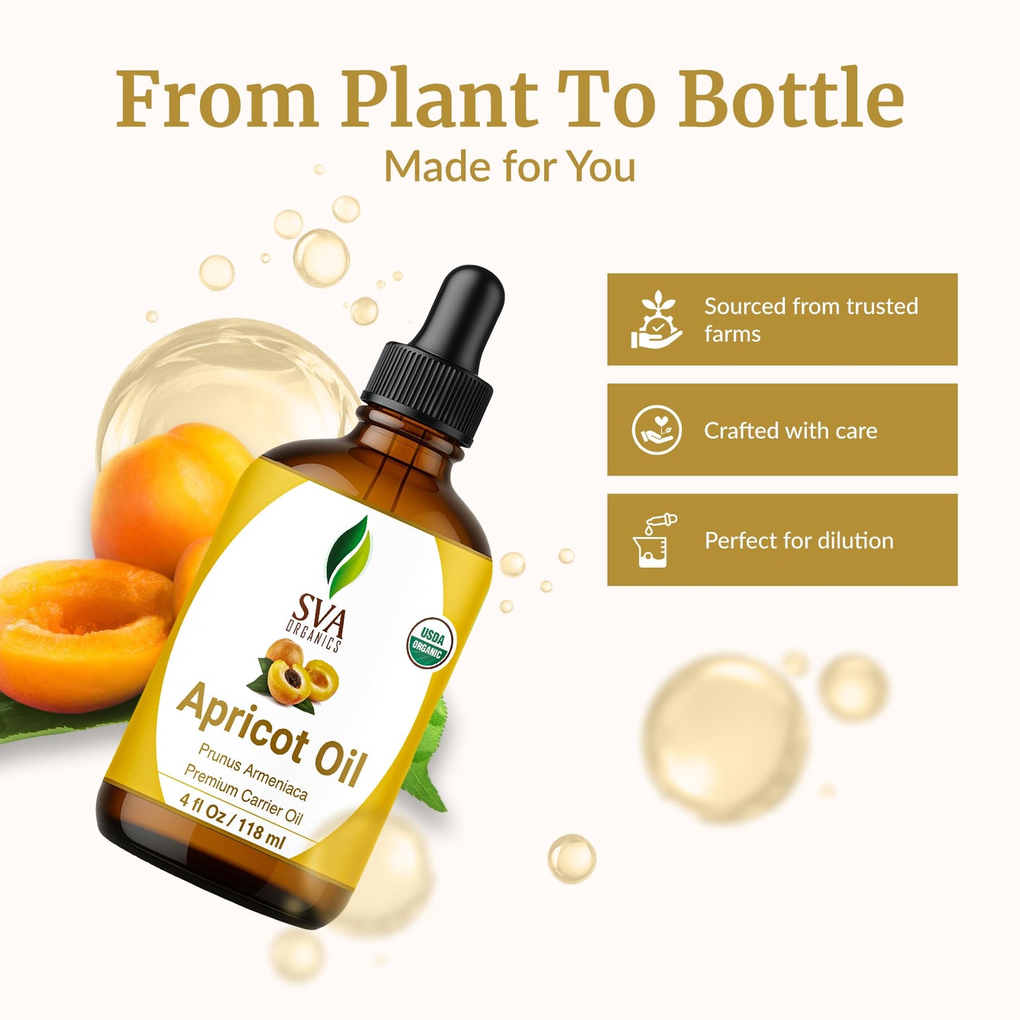 SVA Apricot Seed Oil Organic – 4 oz Cold-Pressed Carrier Oil for Face & Hair