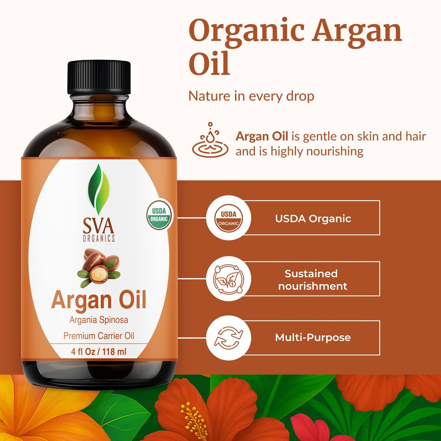 SVA Argan Oil Organic - 4 Fl Oz | Cold-Pressed 100% Natural Carrier Oil for Face, Skin & Hair