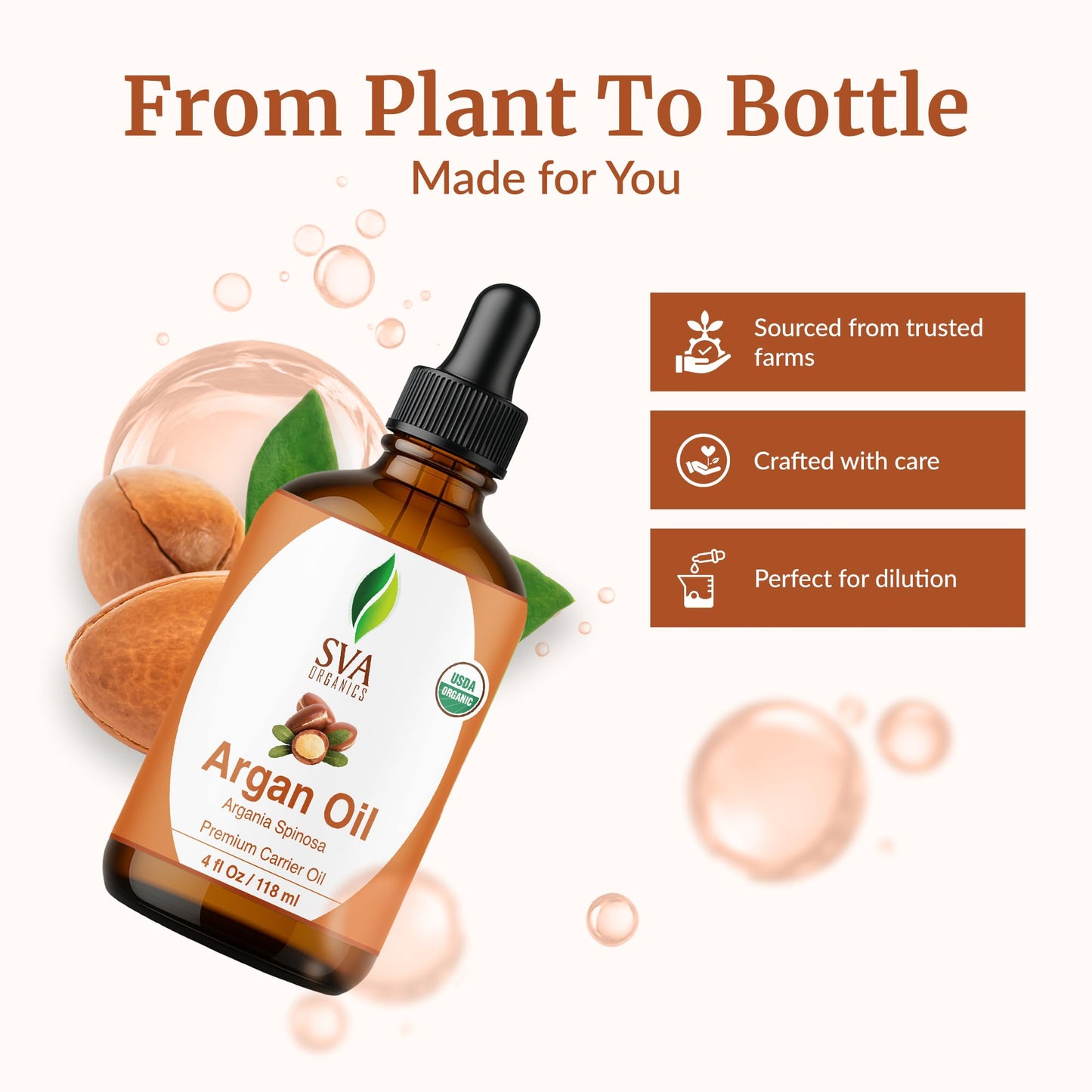 SVA Argan Oil Organic - 4 Fl Oz | Cold-Pressed 100% Natural Carrier Oil for Face, Skin & Hair