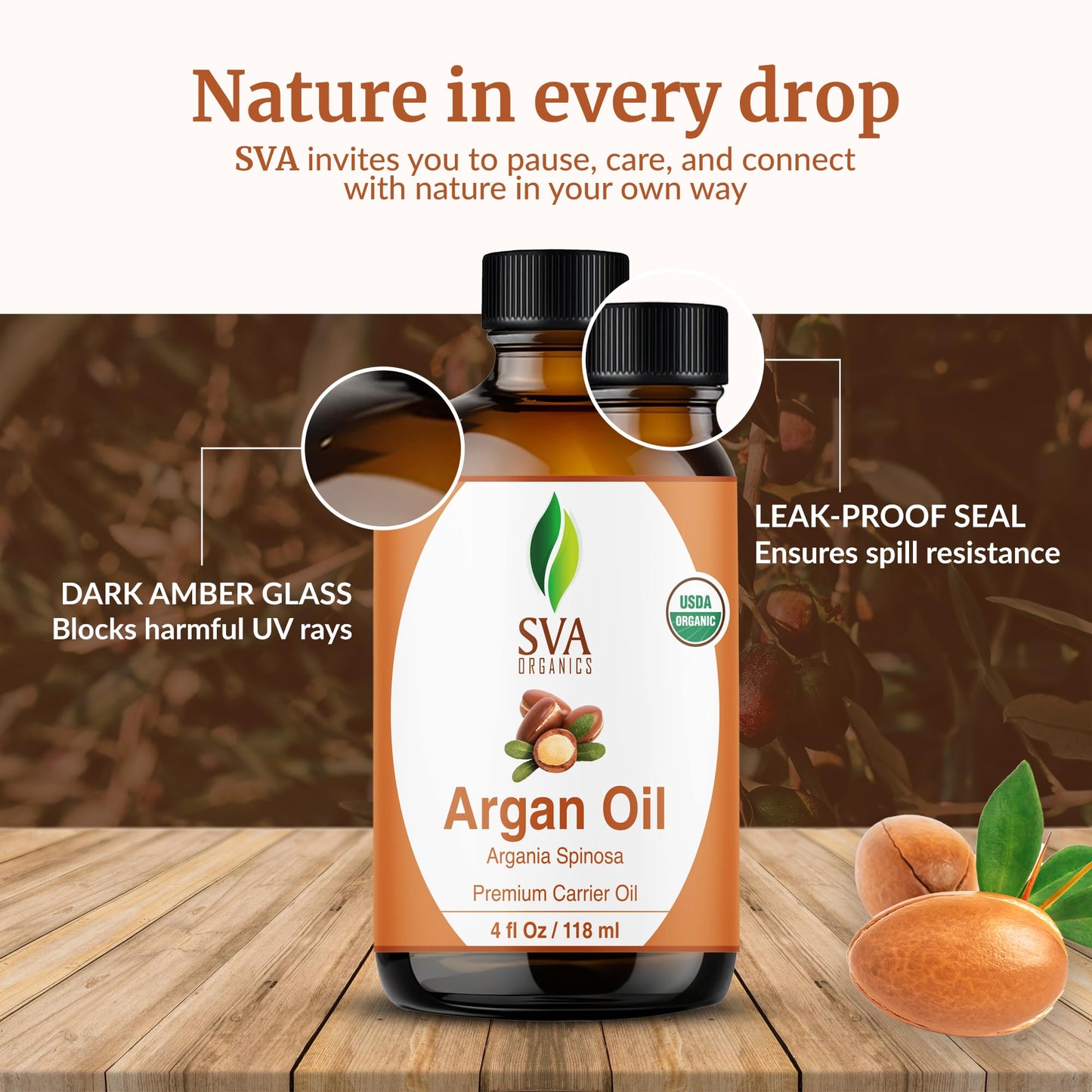 SVA Argan Oil Organic - 4 Fl Oz | Cold-Pressed 100% Natural Carrier Oil for Face, Skin & Hair