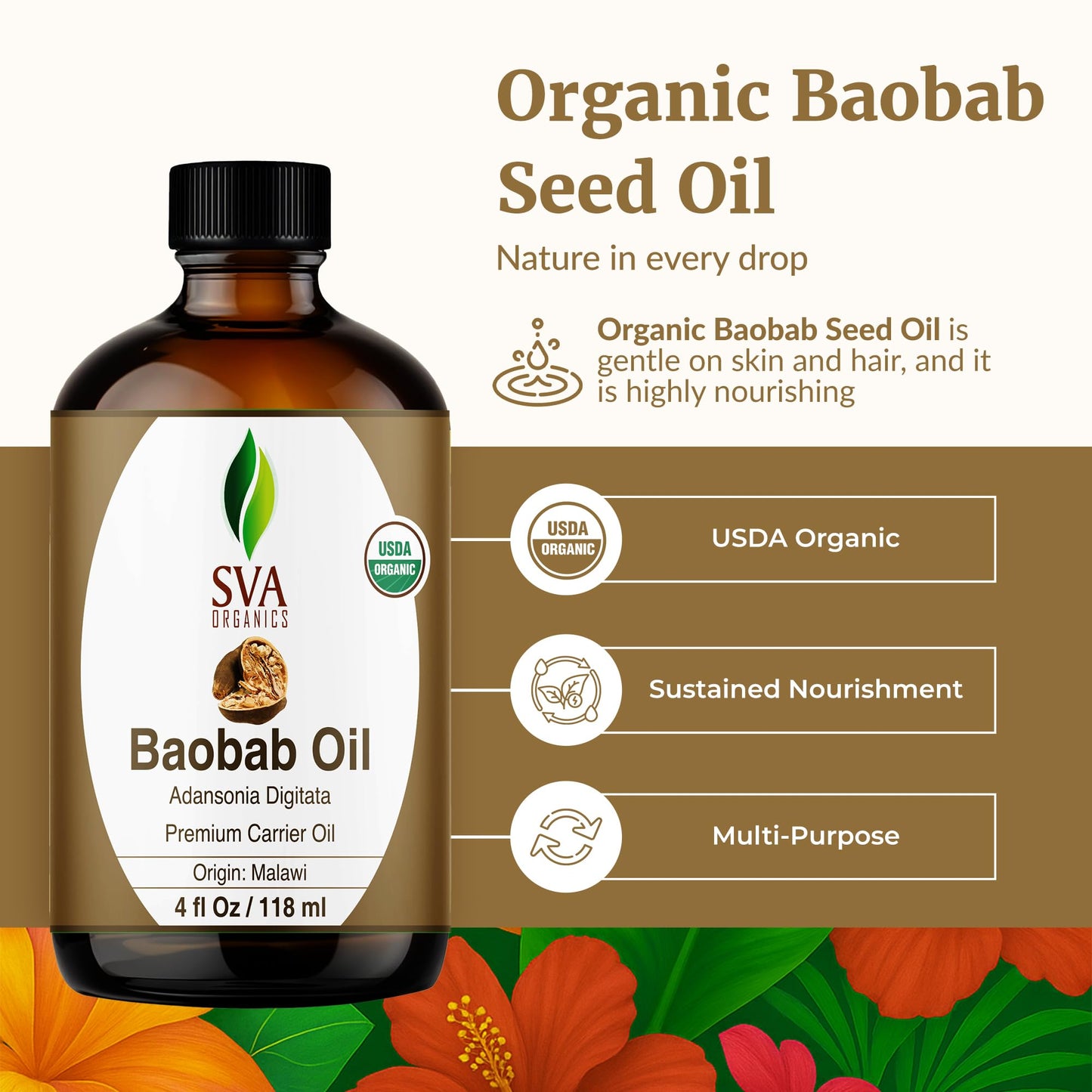 SVA Baobab Seed Oil Organic – 4 oz Cold-Pressed Carrier Oil