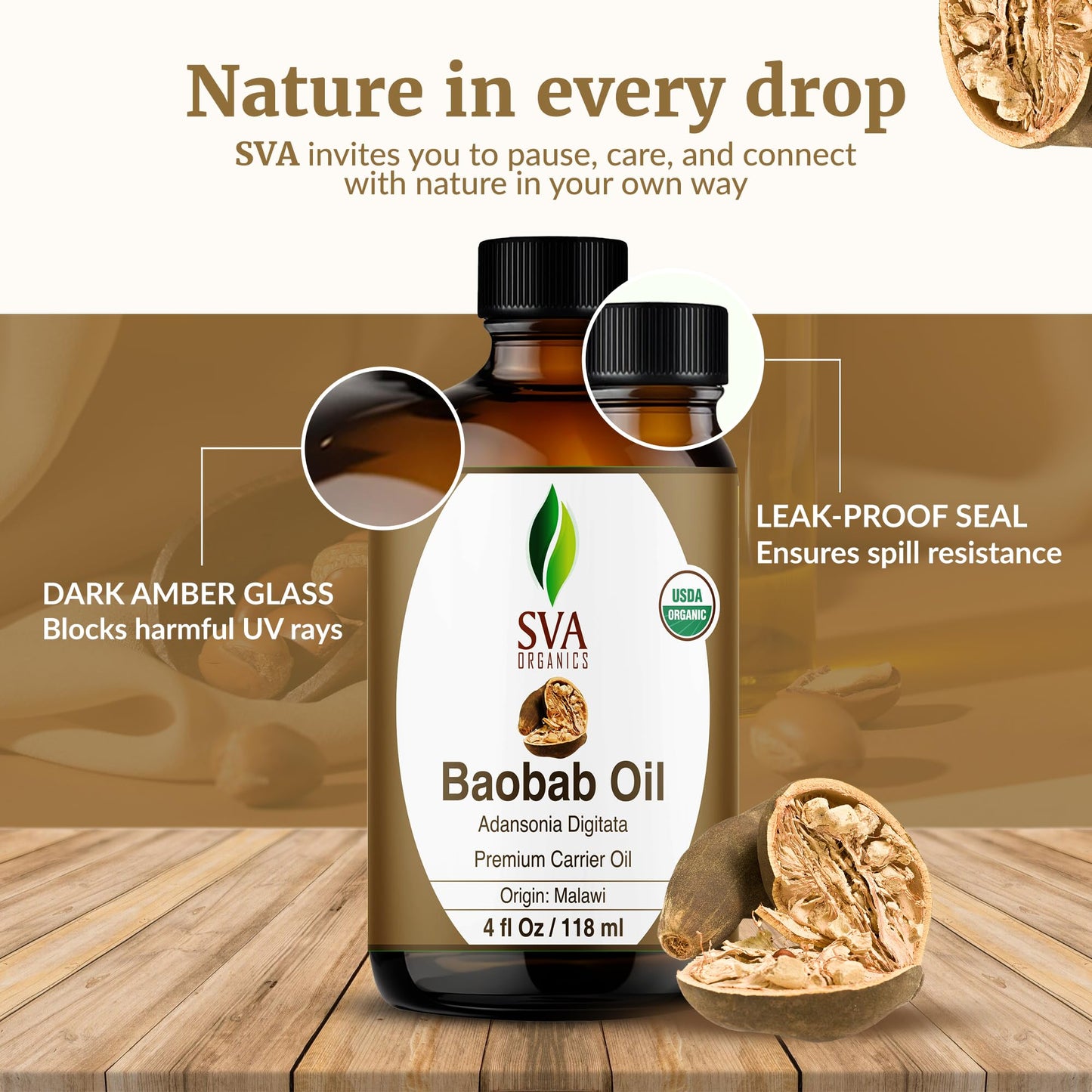 SVA Baobab Seed Oil Organic – 4 oz Cold-Pressed Carrier Oil