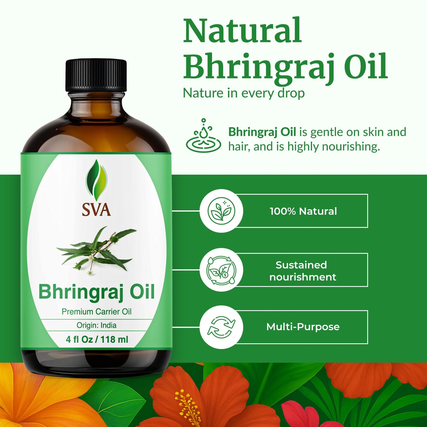 SVA Bhringraj Premium Carrier Oil - 4oz (118ml) with Dropper | Hair Oiling, Scalp Massage & Skin Care