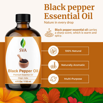 SVA Black Pepper Essential Oil (4 Oz) – 100% Natural, Dropper Included | Diffuser, Skin & Hair Care