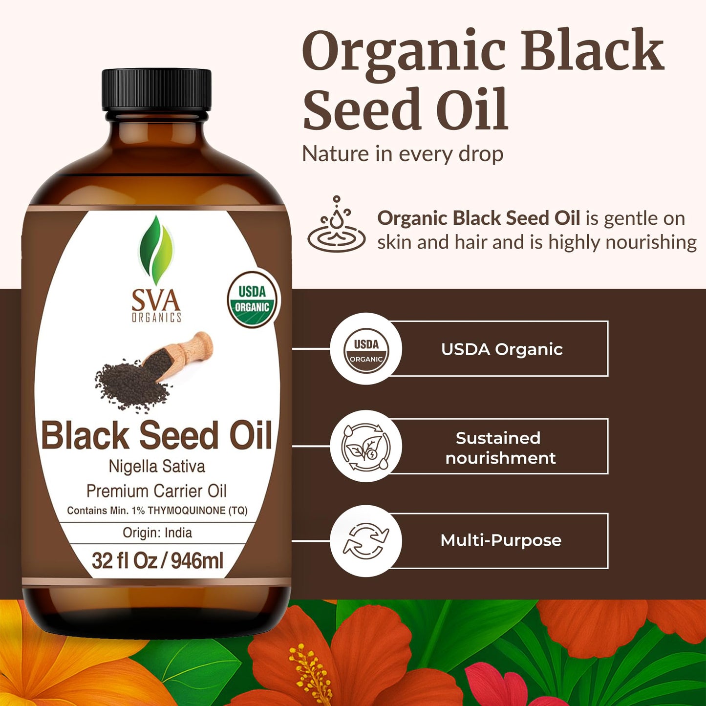 SVA Black Seed Oil Organic – 32 Fl Oz Cold-Pressed Carrier Oil