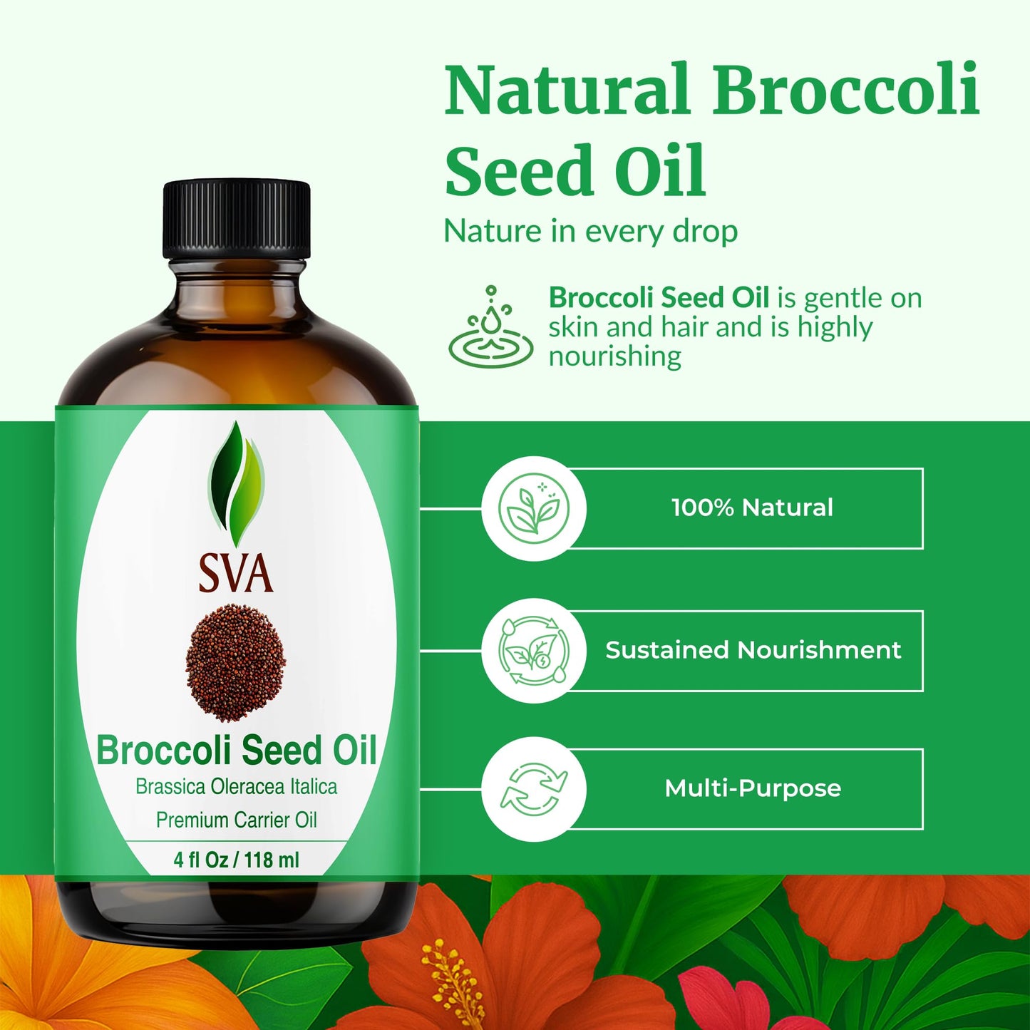 SVA Broccoli Seed Oil 4oz – Cold-Pressed Carrier Oil for Face, Skin & Hair