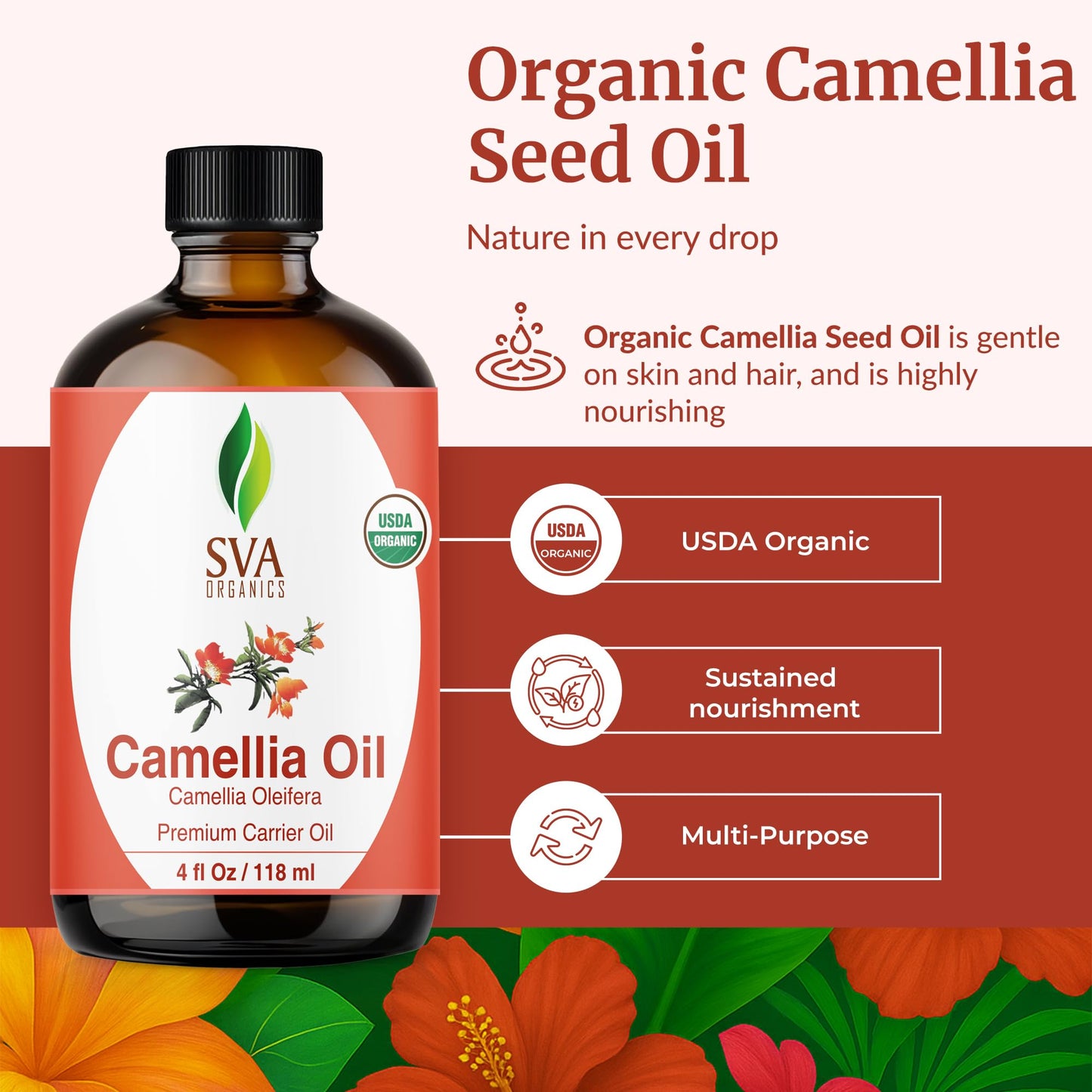 SVA Camellia Seed Oil Organic – Cold-Pressed Carrier Oil, 4 Fl Oz with Dropper