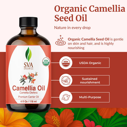 SVA Camellia Seed Oil Organic – Cold-Pressed Carrier Oil, 4 Fl Oz with Dropper