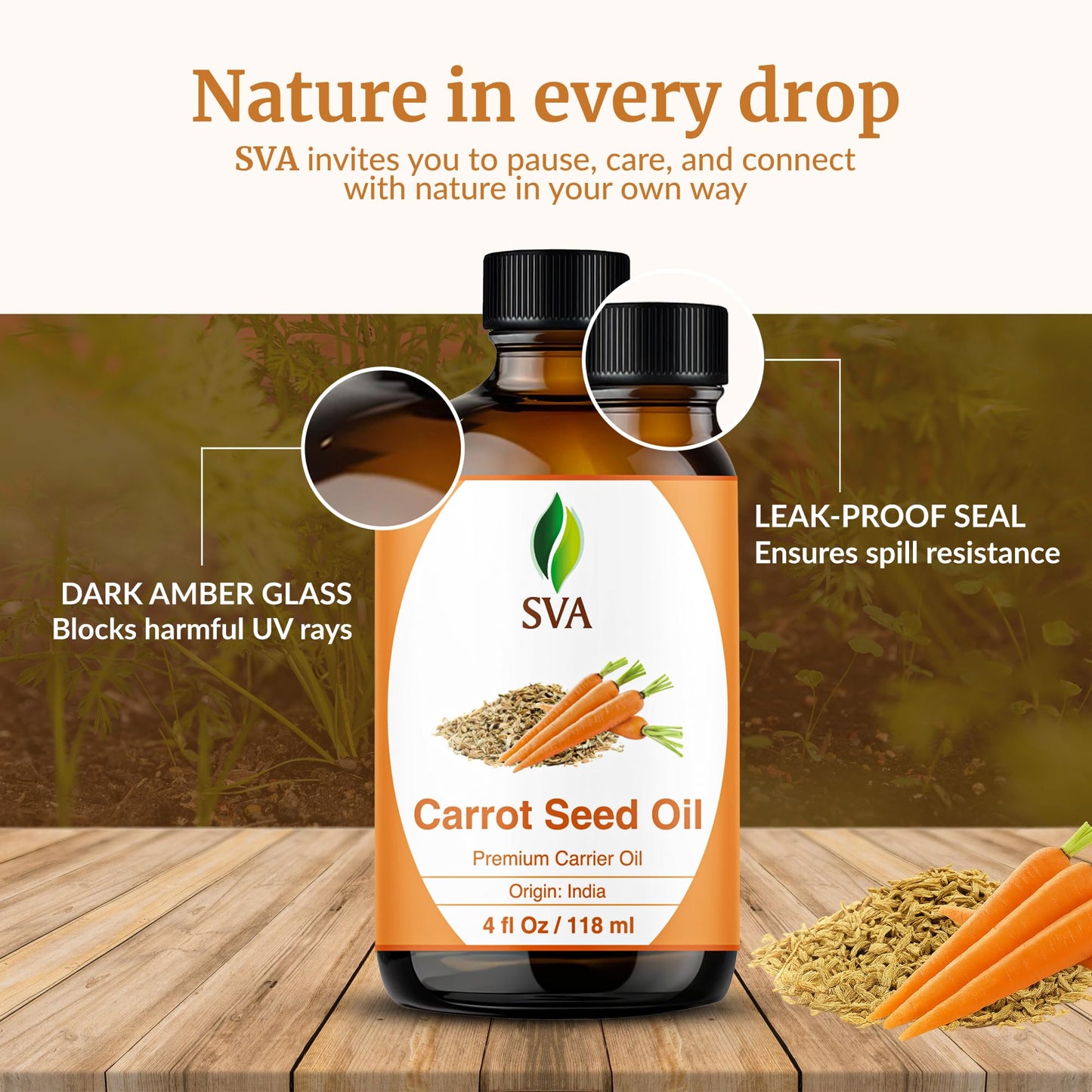 SVA Carrot Seed Oil - 4 Fl Oz – 100% Natural Cold Pressed Carrot Oil - for Face, Skin Care, Hair Care, Scalp Massage & Body Massage – Carrier Oil with Dropper