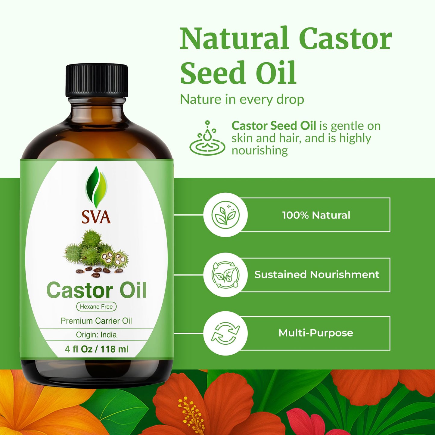 SVA Castor Seed Oil - 4 Fl Oz | 100% Natural Cold-Pressed Carrier Oil with Dropper