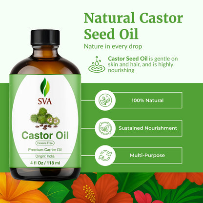 SVA Castor Seed Oil - 4 Fl Oz | 100% Natural Cold-Pressed Carrier Oil with Dropper
