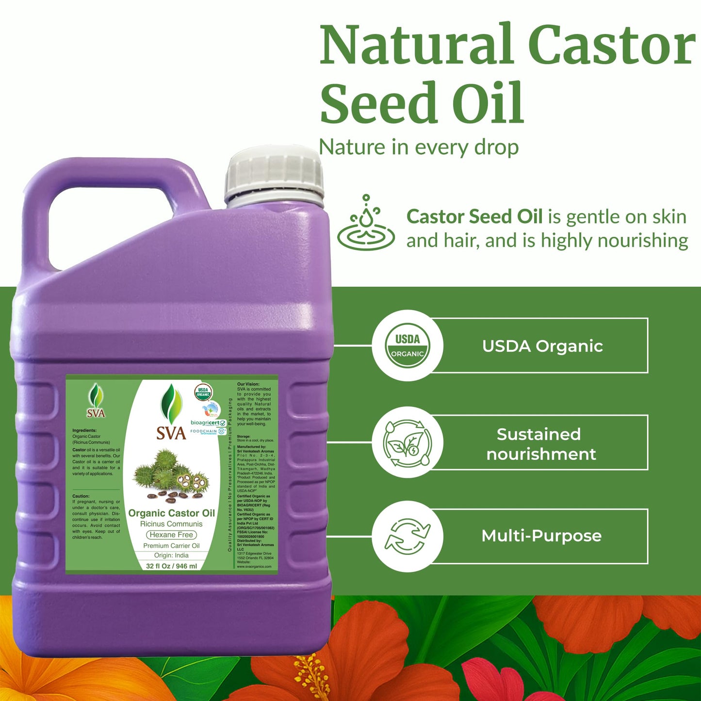 SVA Castor Seed Oi Organic Oil - 32 Fl Oz | 100% Natural Cold-Pressed Castor Oil for Face, Skin, Hair, Scalp & Body