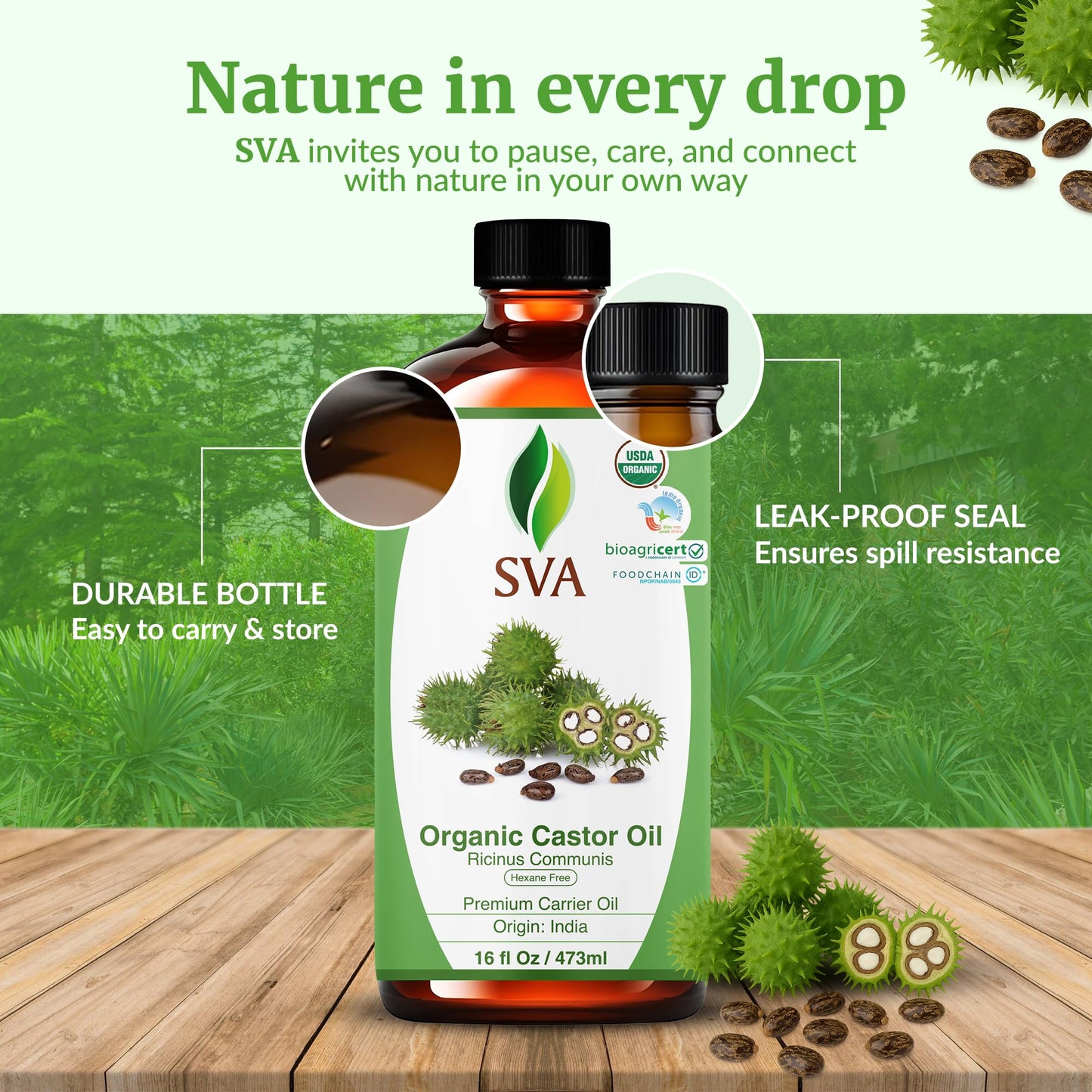 SVA Castor Seed Oil Organic – 16 Fl Oz | Cold-Pressed 100% Natural Carrier Oil