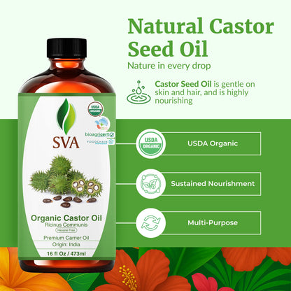 SVA Castor Seed Oil Organic – 16 Fl Oz | Cold-Pressed 100% Natural Carrier Oil