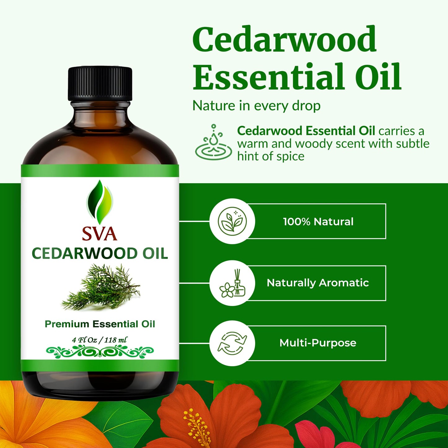 SVA Cedarwood Essential Oil 4 Oz – 100% Natural Cedarwood Juniperus Mexicana for Diffuser, Skin, Hair & Aromatherapy