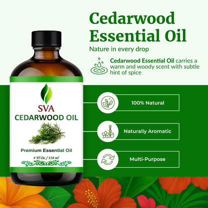 SVA Cedarwood Essential Oil 4 Oz – 100% Natural Cedarwood Juniperus Mexicana for Diffuser, Skin, Hair & Aromatherapy