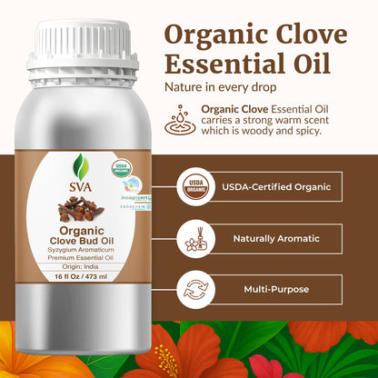 SVA Clove Bud Essential Oil Organic – 16oz | 100% Natural Clove Oil for Diffuser, Hair, Skin & Massage