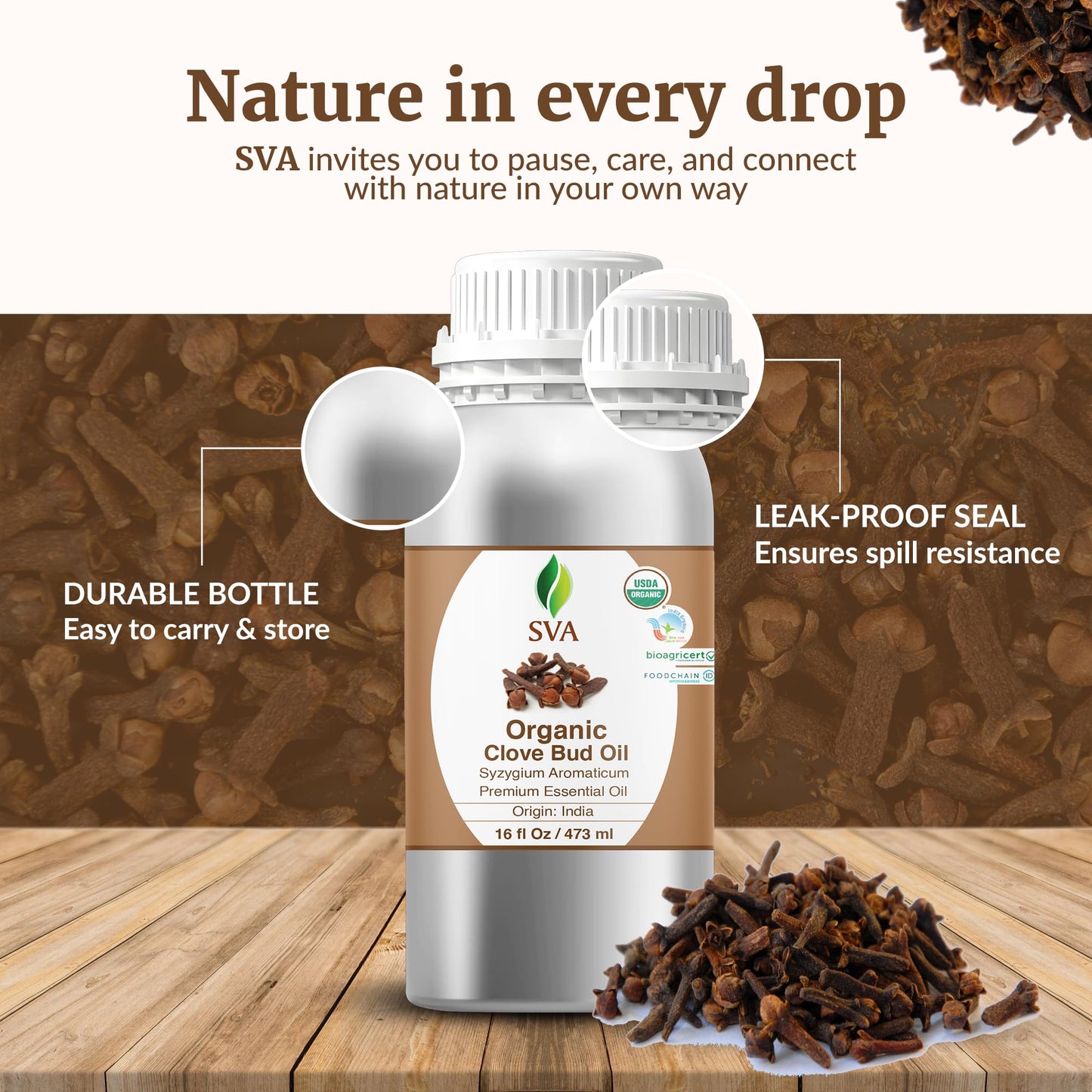 SVA Clove Bud Essential Oil Organic – 16oz | 100% Natural Clove Oil for Diffuser, Hair, Skin & Massage