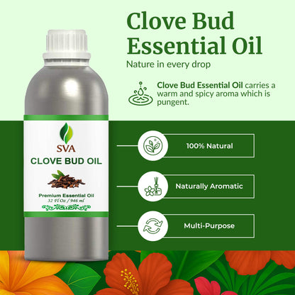 SVA Clove Bud Essential Oil - 32oz | 100% Natural Clove Bud Oil for Diffuser, Massage, Skin & DIY Soap/Candle