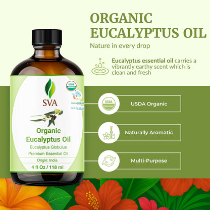 SVA Eucalyptus Essential Oil Organic – 4 oz | 100% Natural | Diffuser & Aromatherapy