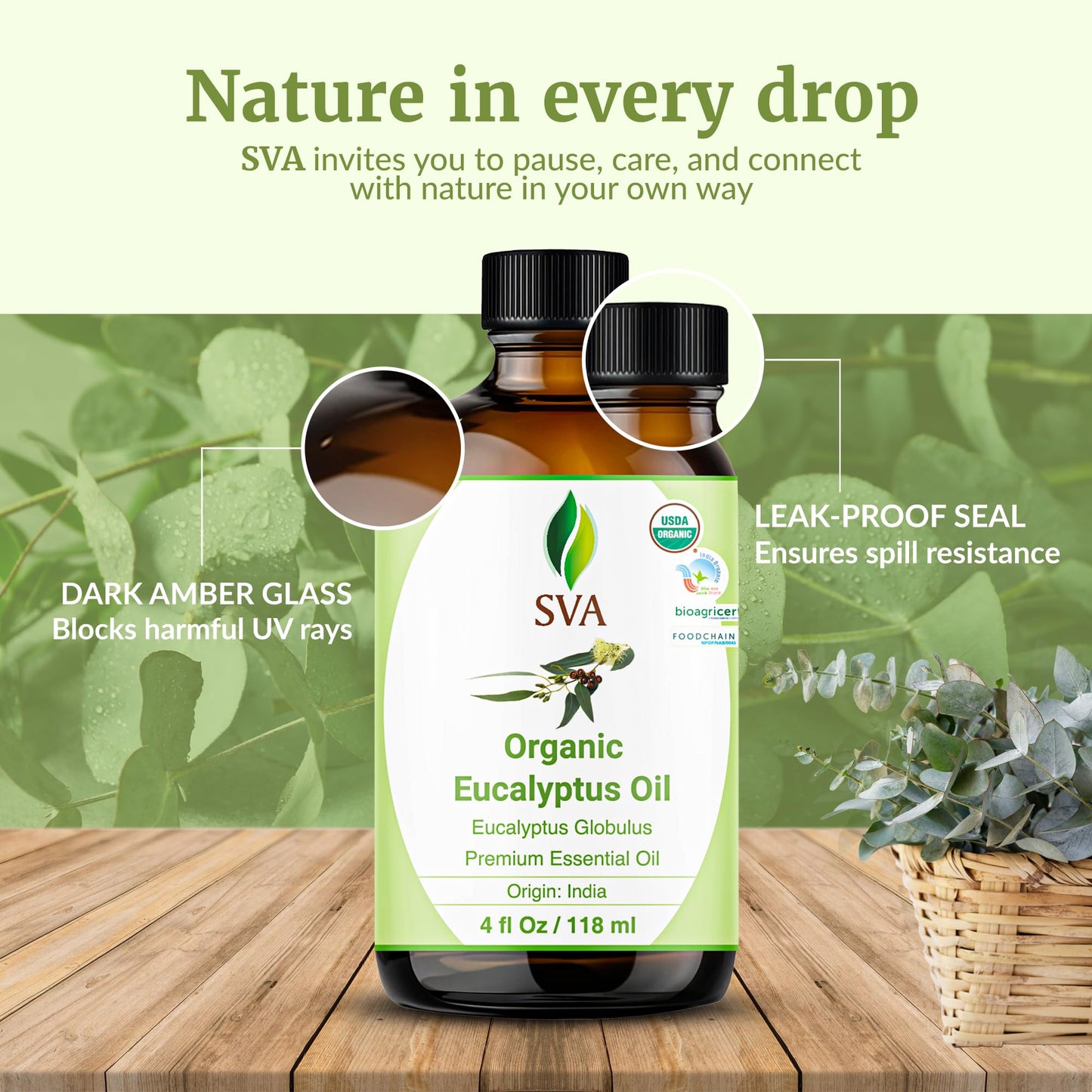 SVA Eucalyptus Essential Oil Organic – 4 oz | 100% Natural | Diffuser & Aromatherapy