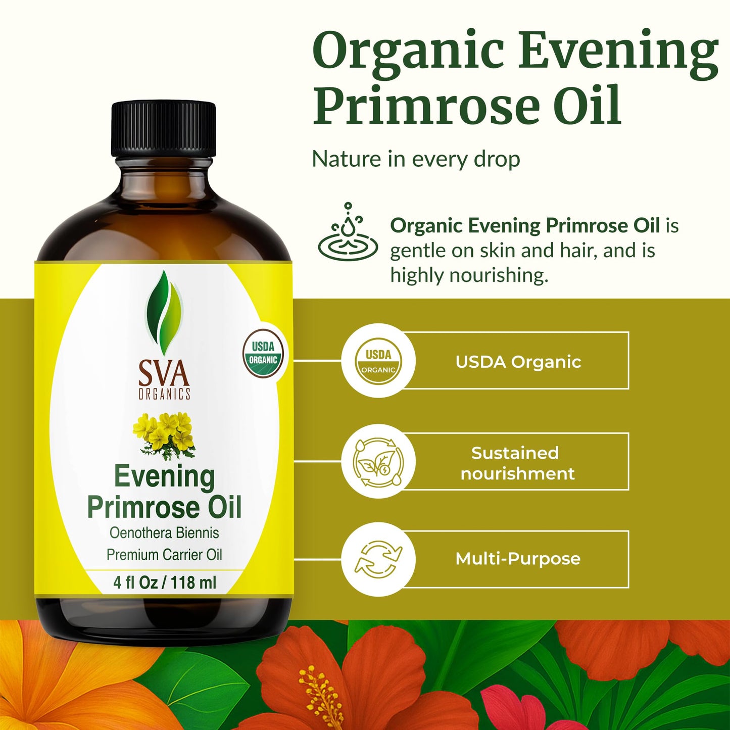 SVA Evening Primrose Oil Organic – 4 Fl Oz | Cold-Pressed Carrier Oil