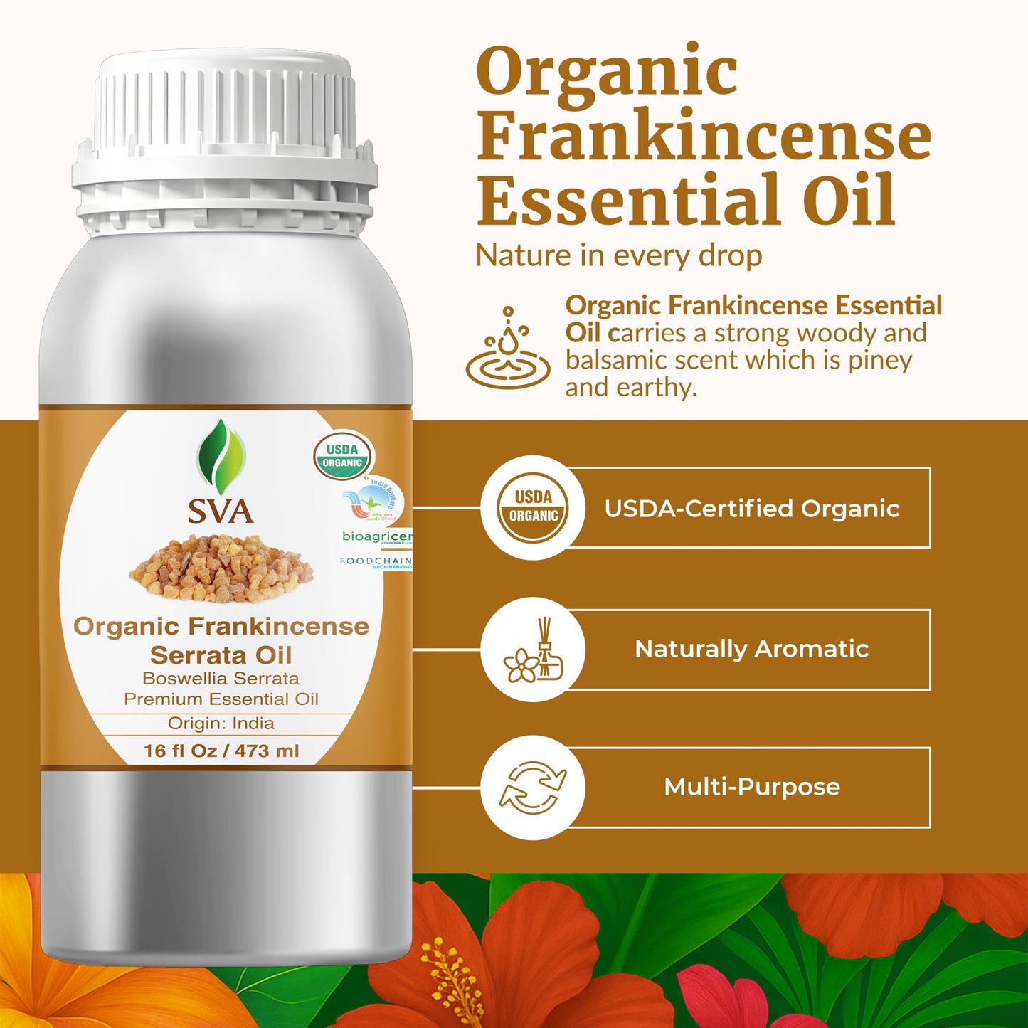 SVA Organic Frankincense Essential Oil – 16 oz – Pure Boswellia Serrata – Diffuser, Skin, Hair & Aromatherapy