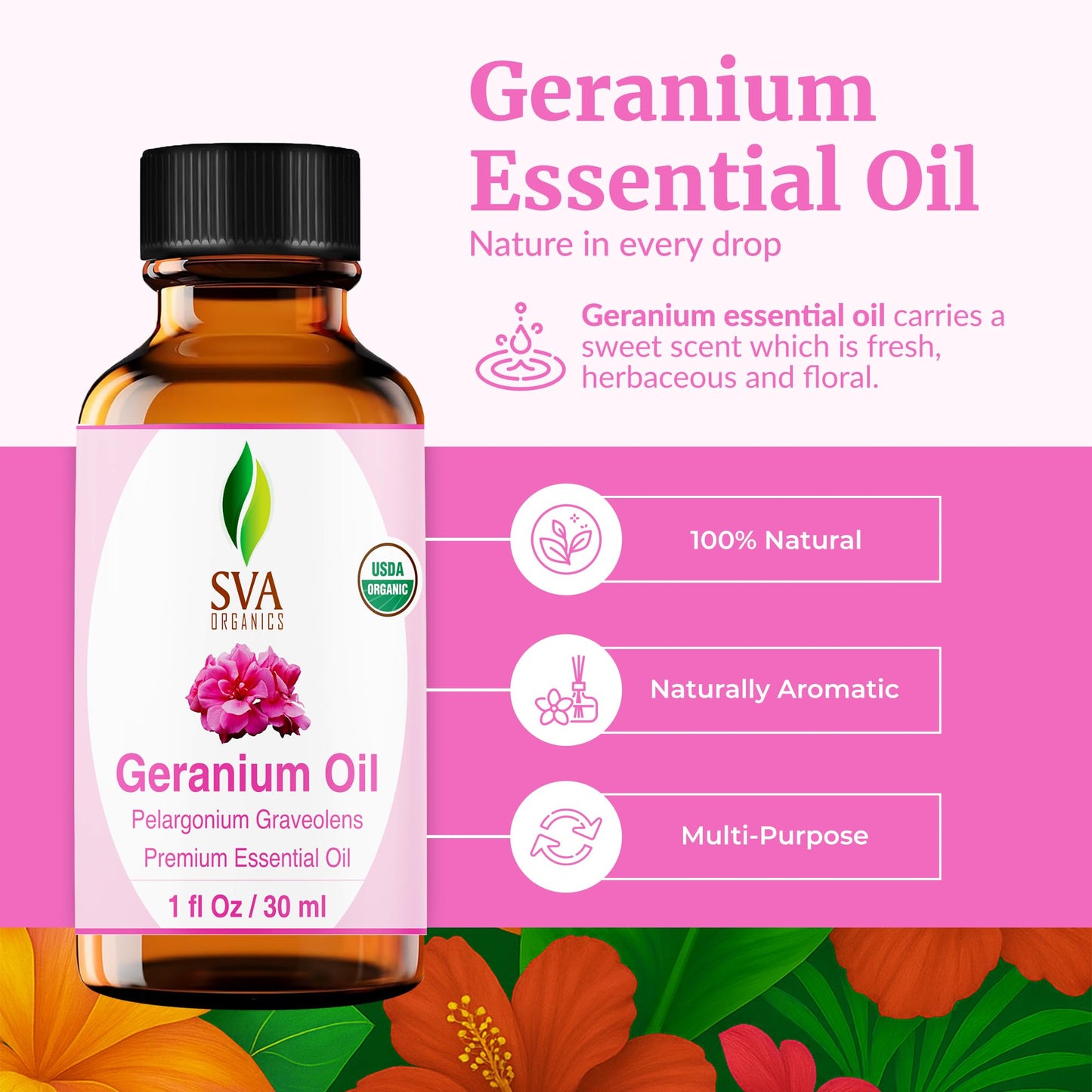 SVA Geranium Essential Oil Organic – 1 Fl Oz | 100% Natural, Diffuser, Skin & Hair Care