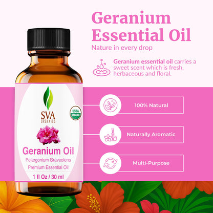 SVA Geranium Essential Oil Organic – 1 Fl Oz | 100% Natural, Diffuser, Skin & Hair Care