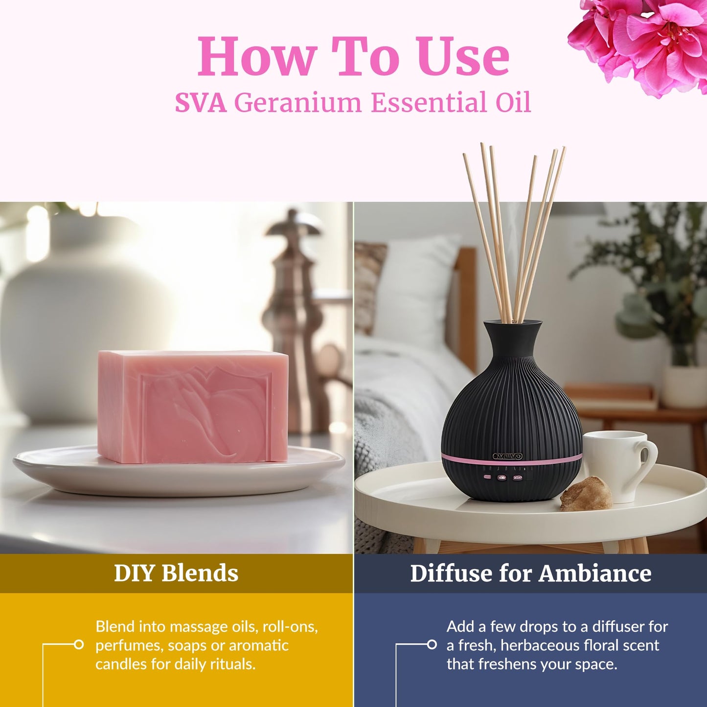 SVA Geranium Essential Oil Organic – 1 Fl Oz | 100% Natural, Diffuser, Skin & Hair Care