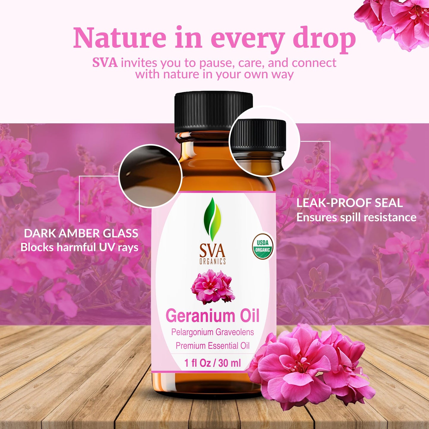SVA Geranium Essential Oil Organic – 1 Fl Oz | 100% Natural, Diffuser, Skin & Hair Care