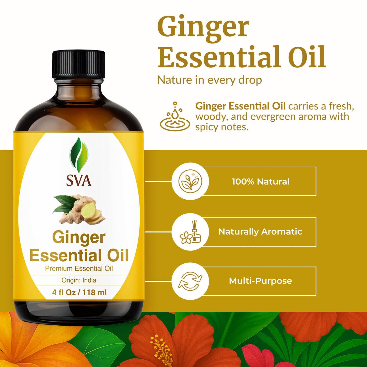 SVA Ginger Essential Oil – 4 oz | 100% Natural for Diffuser, Skin & Hair