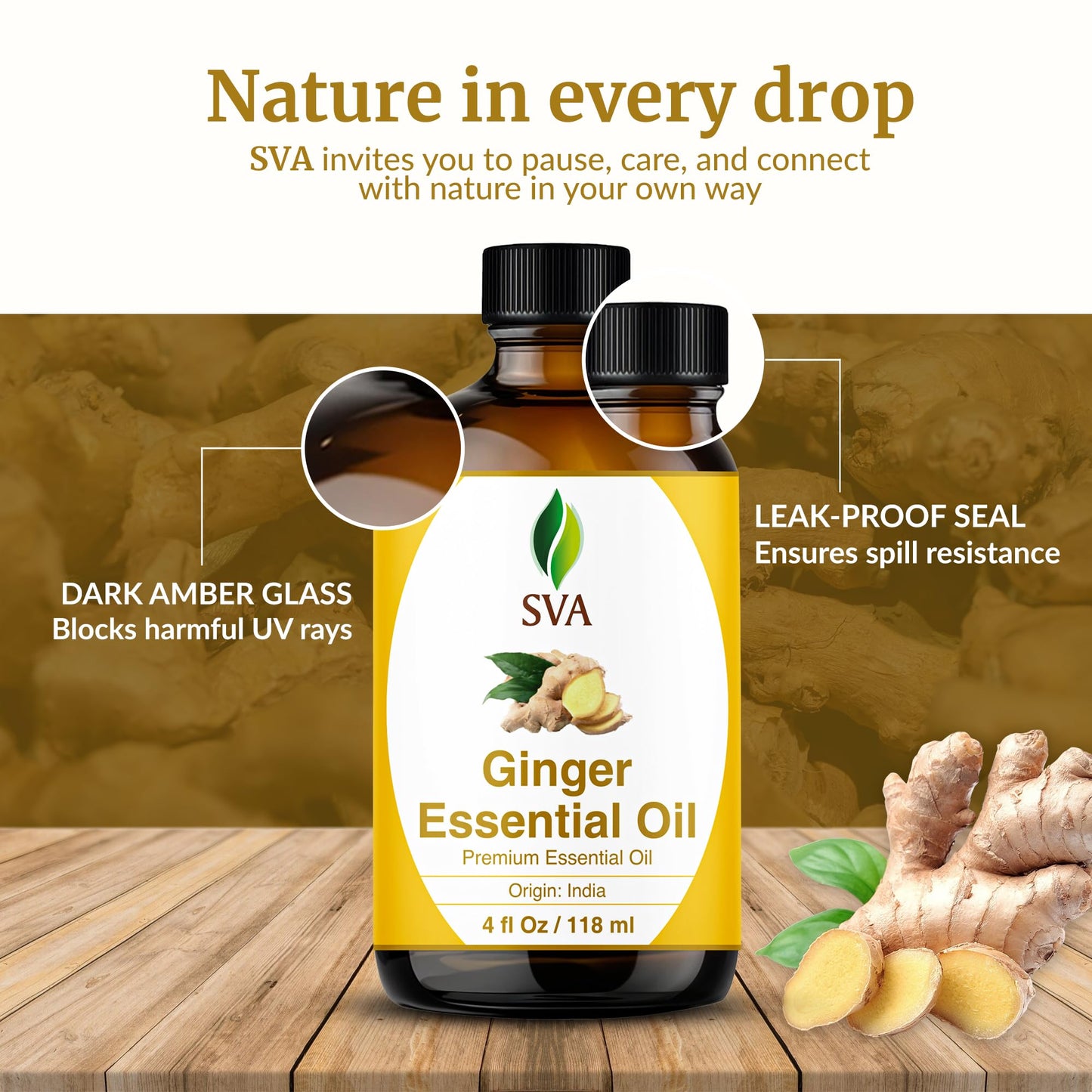 SVA Ginger Essential Oil – 4 oz | 100% Natural for Diffuser, Skin & Hair