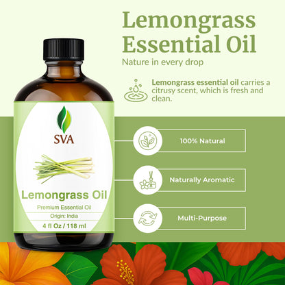 SVA Lemongrass Essential Oil 4 Oz – 100% Natural, Dropper