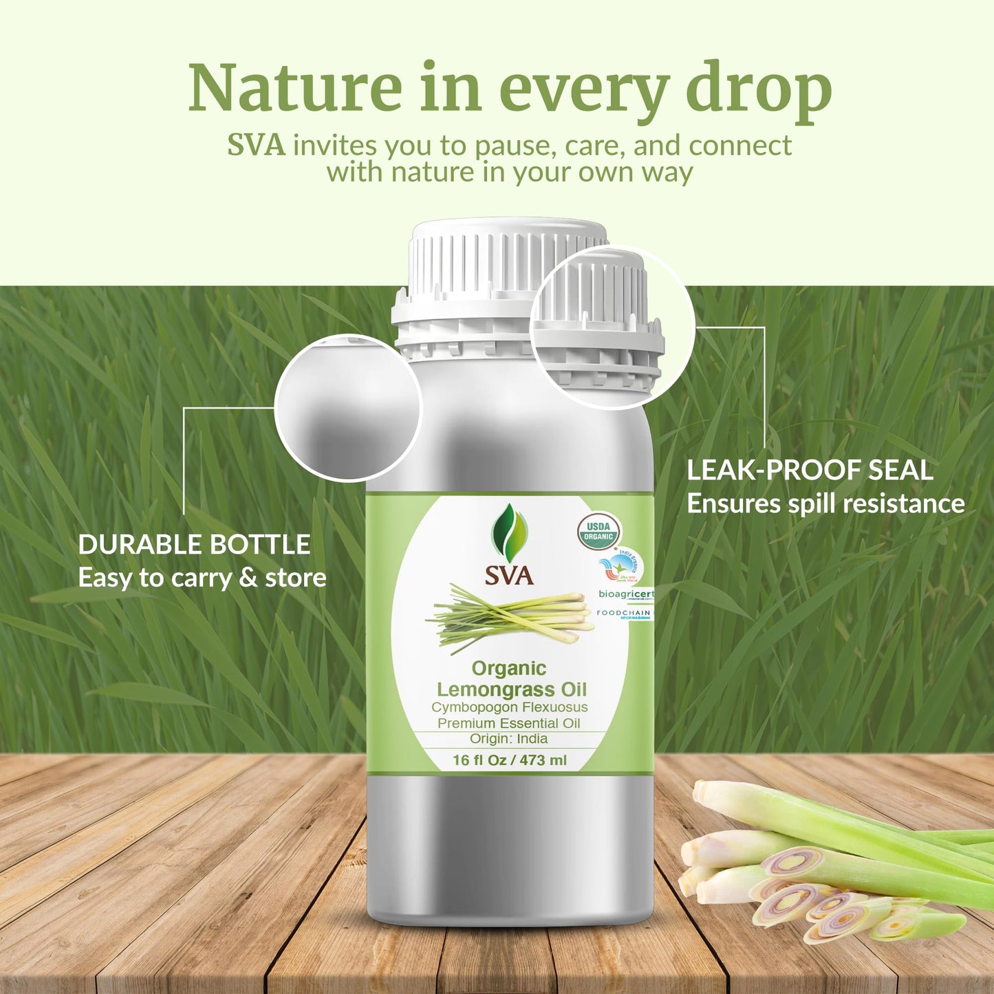 SVA Lemongrass Essential Oil Organic – 16oz | 100% Natural Lemongrass Oil for Hair, Skin, Diffuser