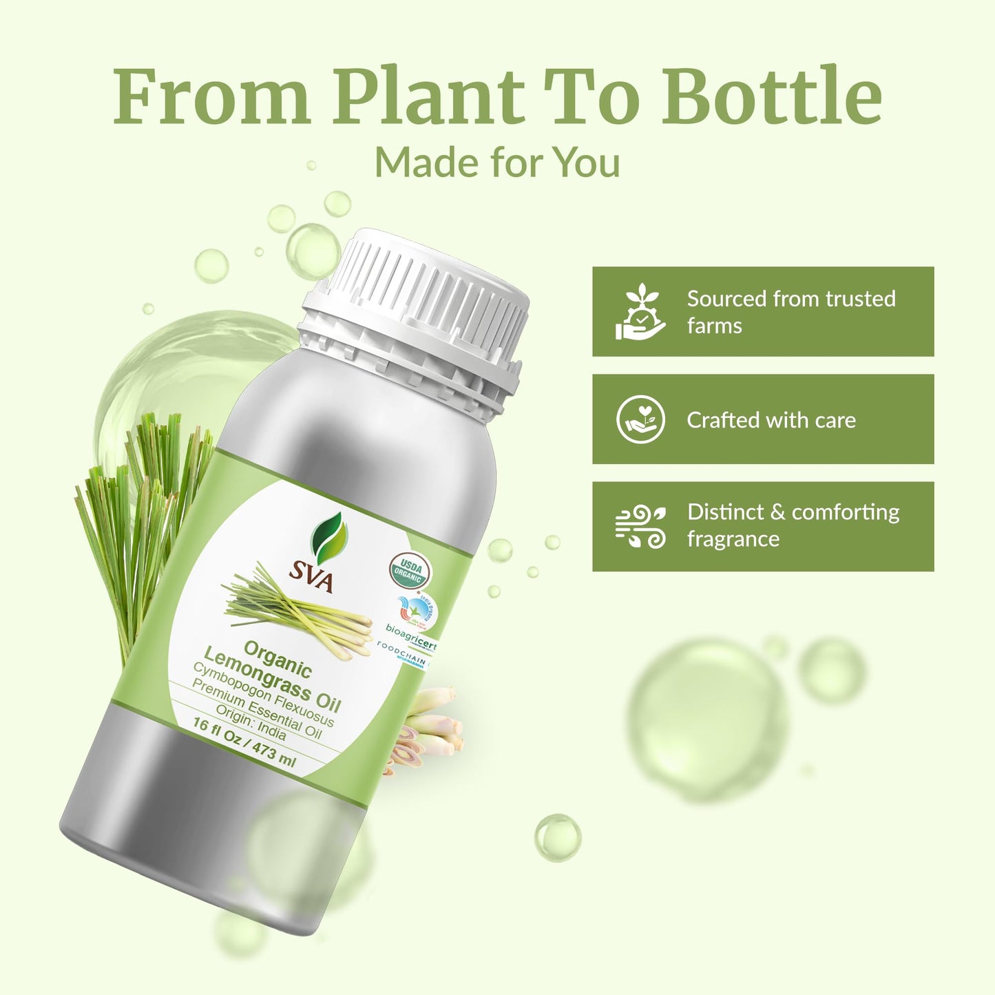 SVA Lemongrass Essential Oil Organic – 16oz | 100% Natural Lemongrass Oil for Hair, Skin, Diffuser