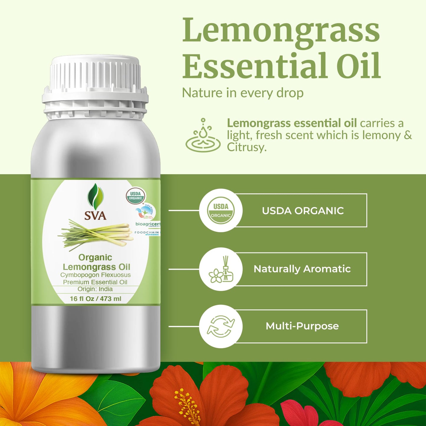 SVA Lemongrass Essential Oil Organic – 16oz | 100% Natural Lemongrass Oil for Hair, Skin, Diffuser