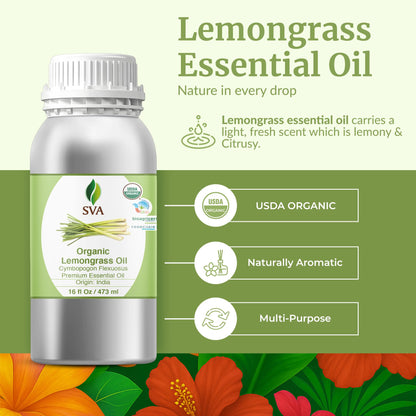 SVA Lemongrass Essential Oil Organic – 16oz | 100% Natural Lemongrass Oil for Hair, Skin, Diffuser